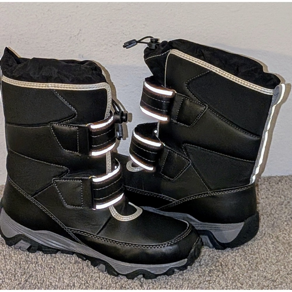 Lands End Snow Flurry Black Reflective Winter Snow Boots Youth 4